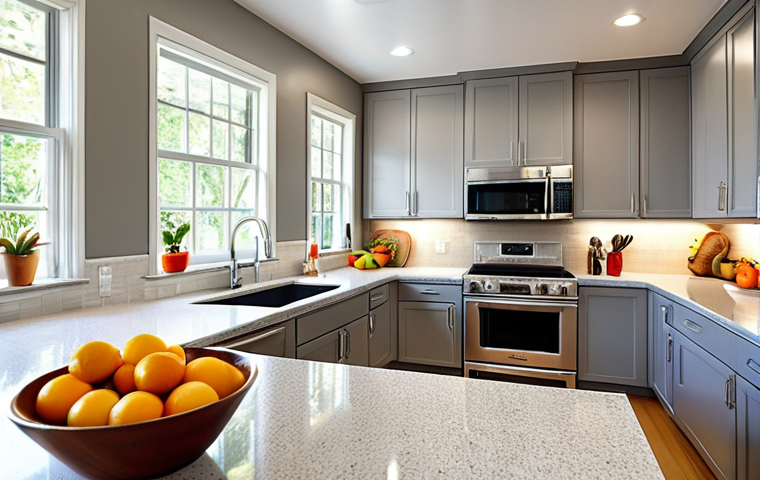 **
A brightly lit, impeccably clean modern kitchen with gleaming stainless steel appliances. Focus on details: sparkling windows cleaned with vinegar solution, organized spice racks, and a perfectly arranged fruit bowl. The overall impression is one of efficiency and meticulous care.
**