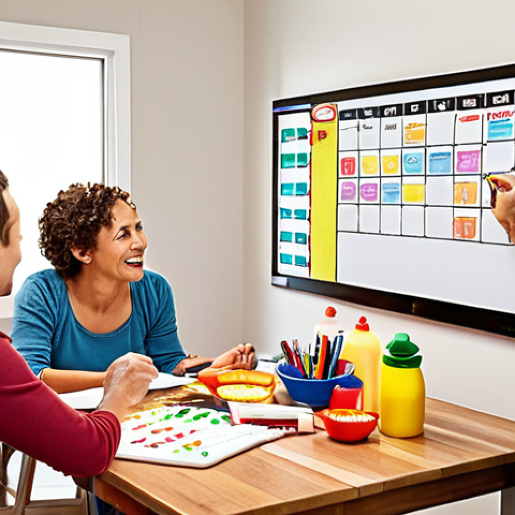 **

A family meeting in a brightly lit kitchen. Everyone is gathered around the table, smiling and discussing household chores. A whiteboard displays a chore chart with colorful markers. The atmosphere is collaborative and positive, emphasizing open communication.

**
