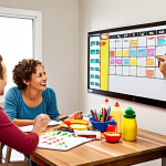 **

A family meeting in a brightly lit kitchen. Everyone is gathered around the table, smiling and discussing household chores. A whiteboard displays a chore chart with colorful markers. The atmosphere is collaborative and positive, emphasizing open communication.

**