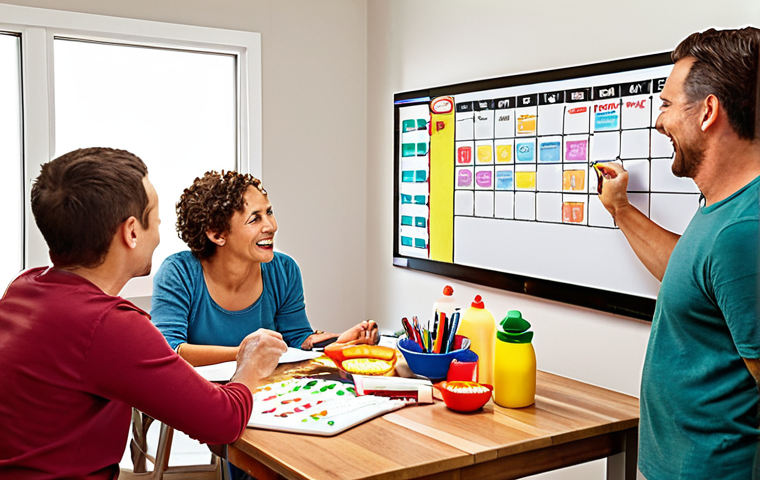 **
A family meeting in a brightly lit kitchen. Everyone is gathered around the table, smiling and discussing household chores. A whiteboard displays a chore chart with colorful markers. The atmosphere is collaborative and positive, emphasizing open communication.
**