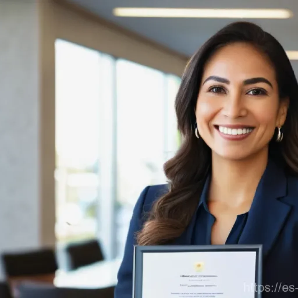 생활가사도우미의 국제 인증 자격증 종류 - **Prompt: "A confident and empowered Hispanic woman in her late 30s, dressed in a smart casual busin...