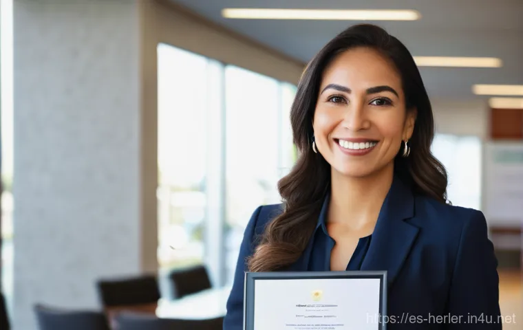생활가사도우미의 국제 인증 자격증 종류 - **Prompt: "A confident and empowered Hispanic woman in her late 30s, dressed in a smart casual busin...