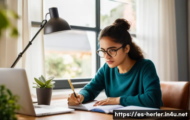 생활가사도우미 자격증 시험 후기와 팁 - A focused young Hispanic woman studying at a wooden desk in a bright, cozy home office, natural morn...