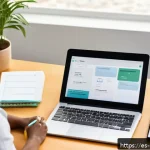 가사도우미 업무 일기 작성 노하우 - A professional domestic worker organizing a detailed daily work journal at a modern home office desk...